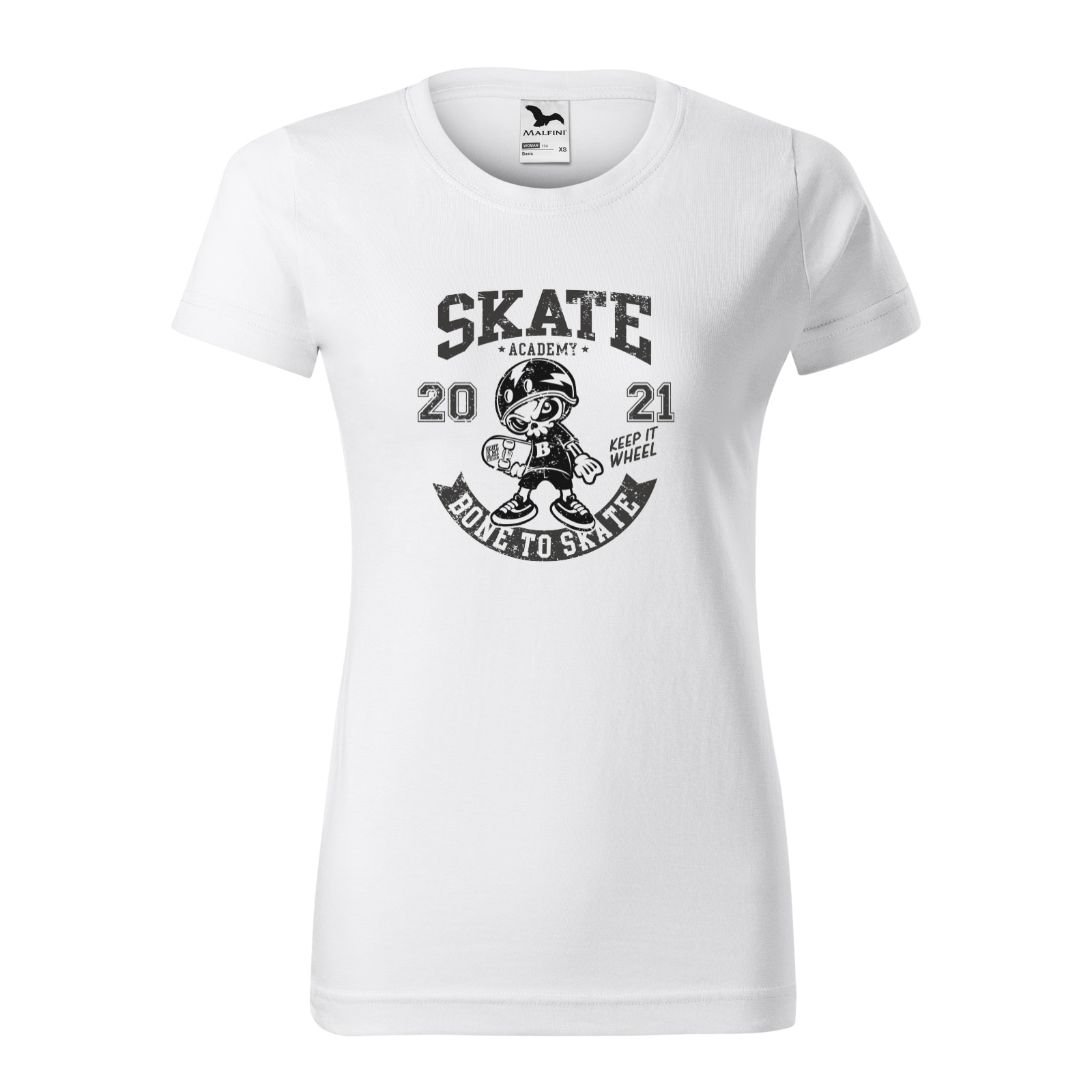 Tricou clasic, la baza gatului, alb, pentru dama, idee de cadou pentru pasionatii de skateboard, Skate Academy, marime M