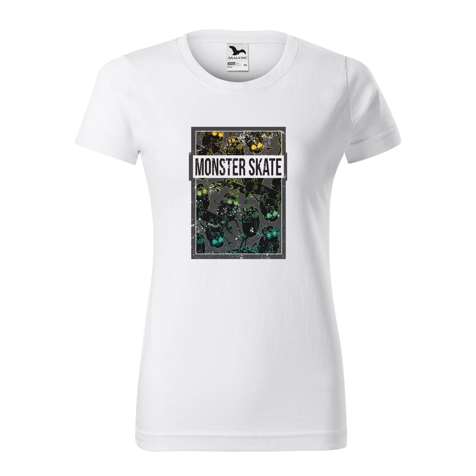 Tricou clasic, la baza gatului, alb, pentru dama, idee de cadou pentru pasionatii de skateboard, Monster Skaters, marime M