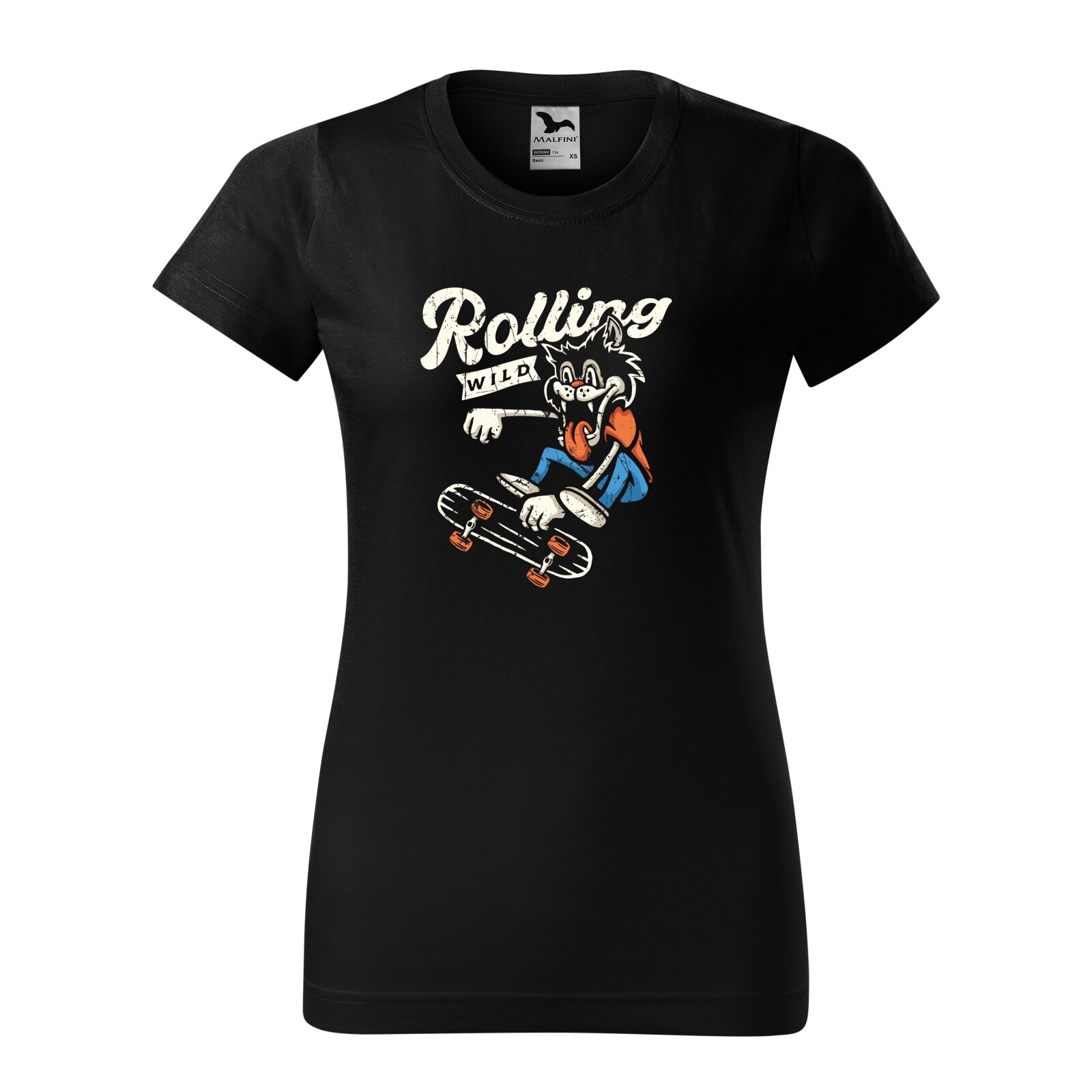 Tricou clasic, la baza gatului, negru, pentru dama, idee de cadou pentru pasionatii de skateboard, Rolling Wild Wolf, marime XS