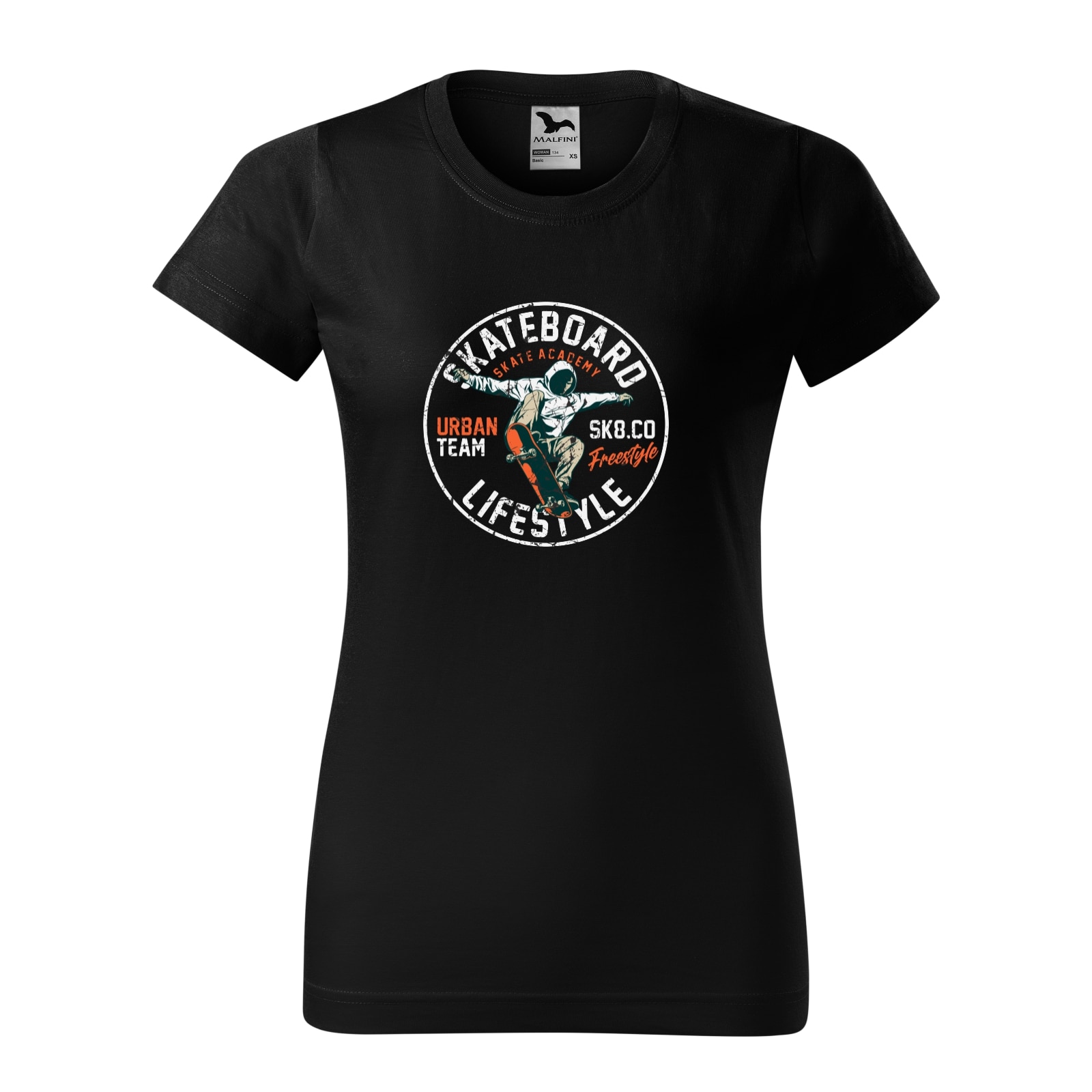 Tricou clasic, la baza gatului, negru, pentru dama, idee de cadou pentru pasionatii de skateboard, Skate Academy Urban Team, marime L