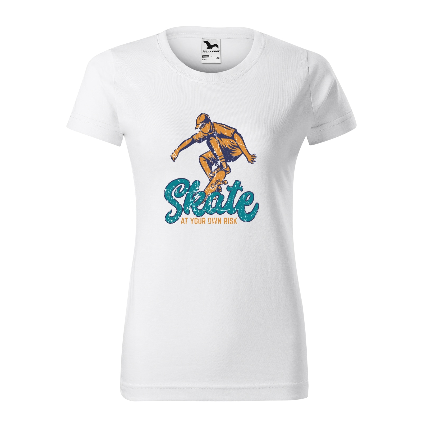 Tricou clasic, la baza gatului, alb, pentru dama, idee de cadou pentru pasionatii de skateboard, Skate Oldschool At Your Own Risk, marime XS