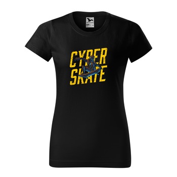 Tricou clasic, la baza gatului, negru, pentru dama, idee de cadou pentru pasionatii de skateboard, Cyberskate, marime XS