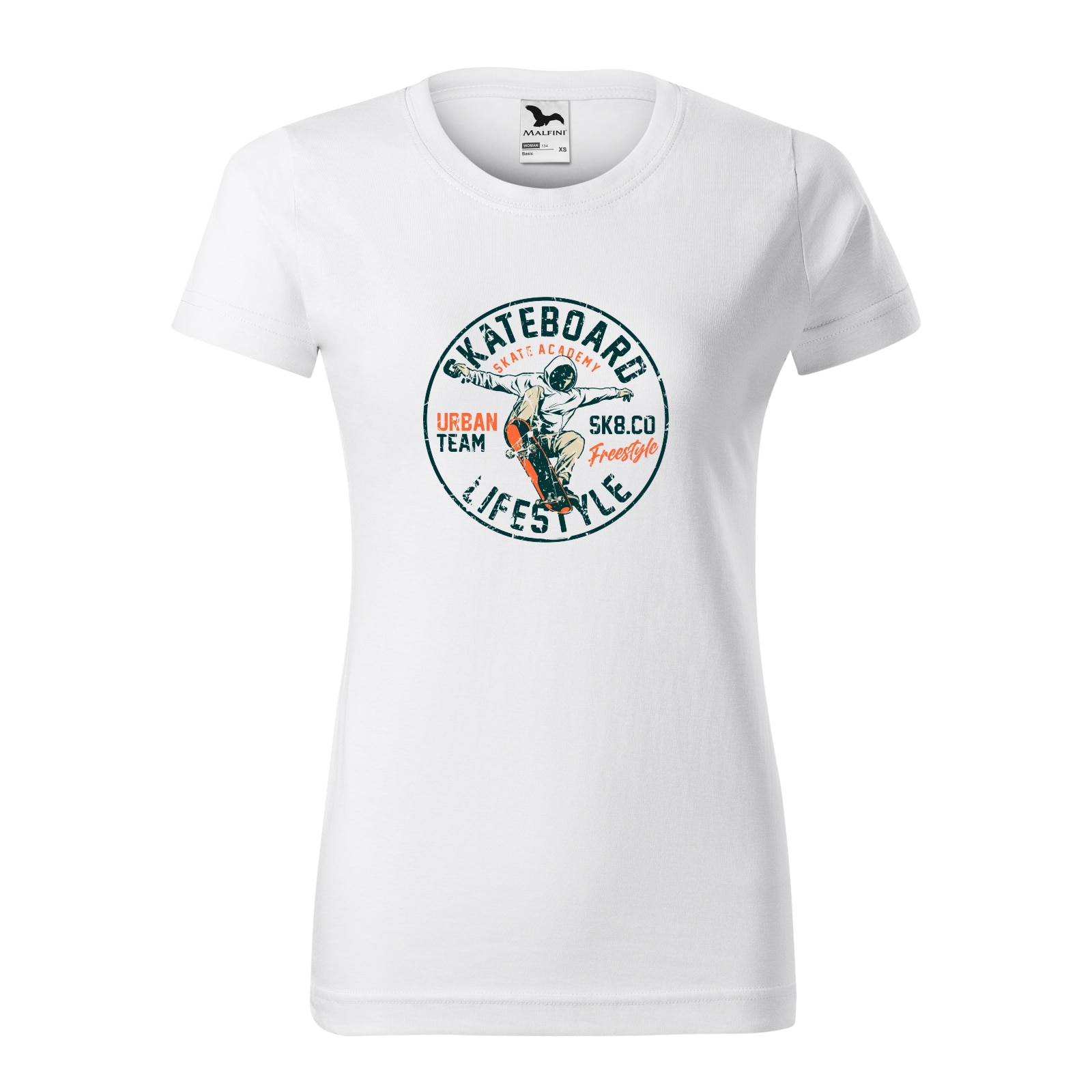 Tricou clasic, la baza gatului, alb, pentru dama, idee de cadou pentru pasionatii de skateboard, Skate Academy Urban Team, marime XL
