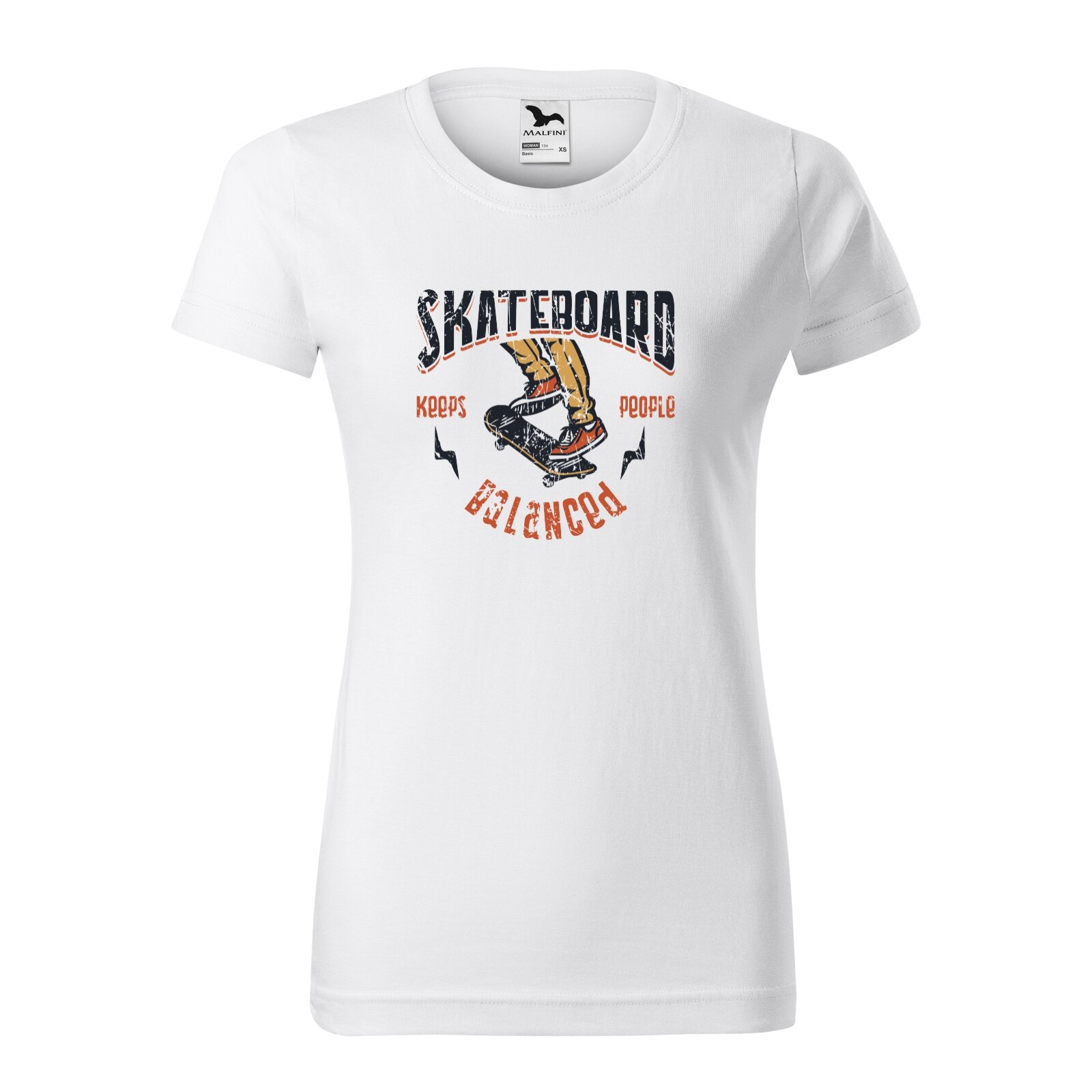 Tricou clasic, la baza gatului, alb, pentru dama, idee de cadou pentru pasionatii de skateboard, Skateboarding Keeps People Balancing, marime XS