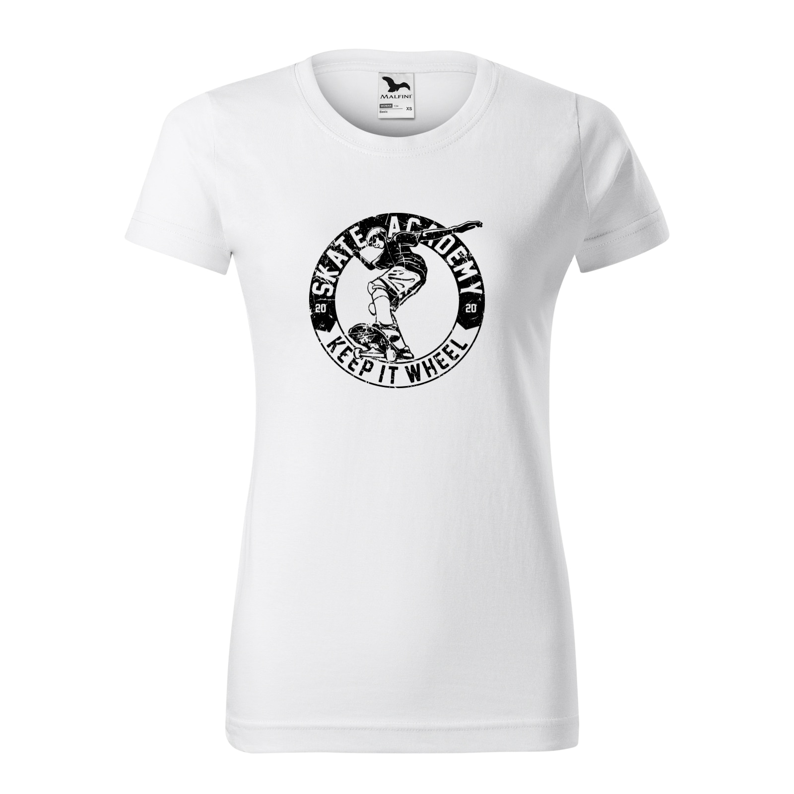 Tricou clasic, la baza gatului, alb, pentru dama, idee de cadou pentru pasionatii de skateboard, Keep it Wheel Academy, marime S
