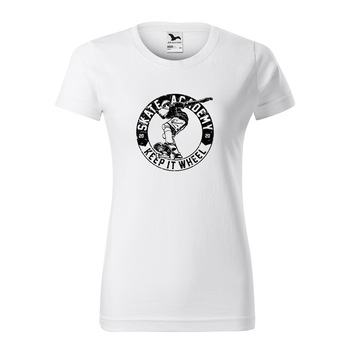Tricou clasic, la baza gatului, alb, pentru dama, idee de cadou pentru pasionatii de skateboard, Keep it Wheel Academy, marime S
