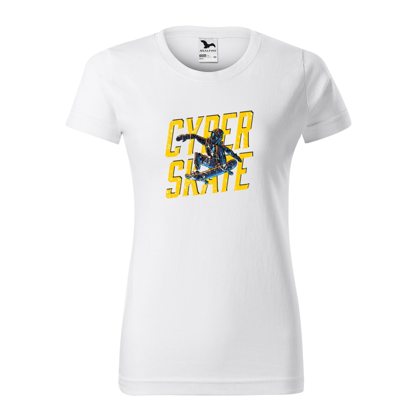 Tricou clasic, la baza gatului, alb, pentru dama, idee de cadou pentru pasionatii de skateboard, Cyberskate, marime S