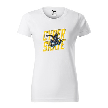 Tricou clasic, la baza gatului, alb, pentru dama, idee de cadou pentru pasionatii de skateboard, Cyberskate, marime S