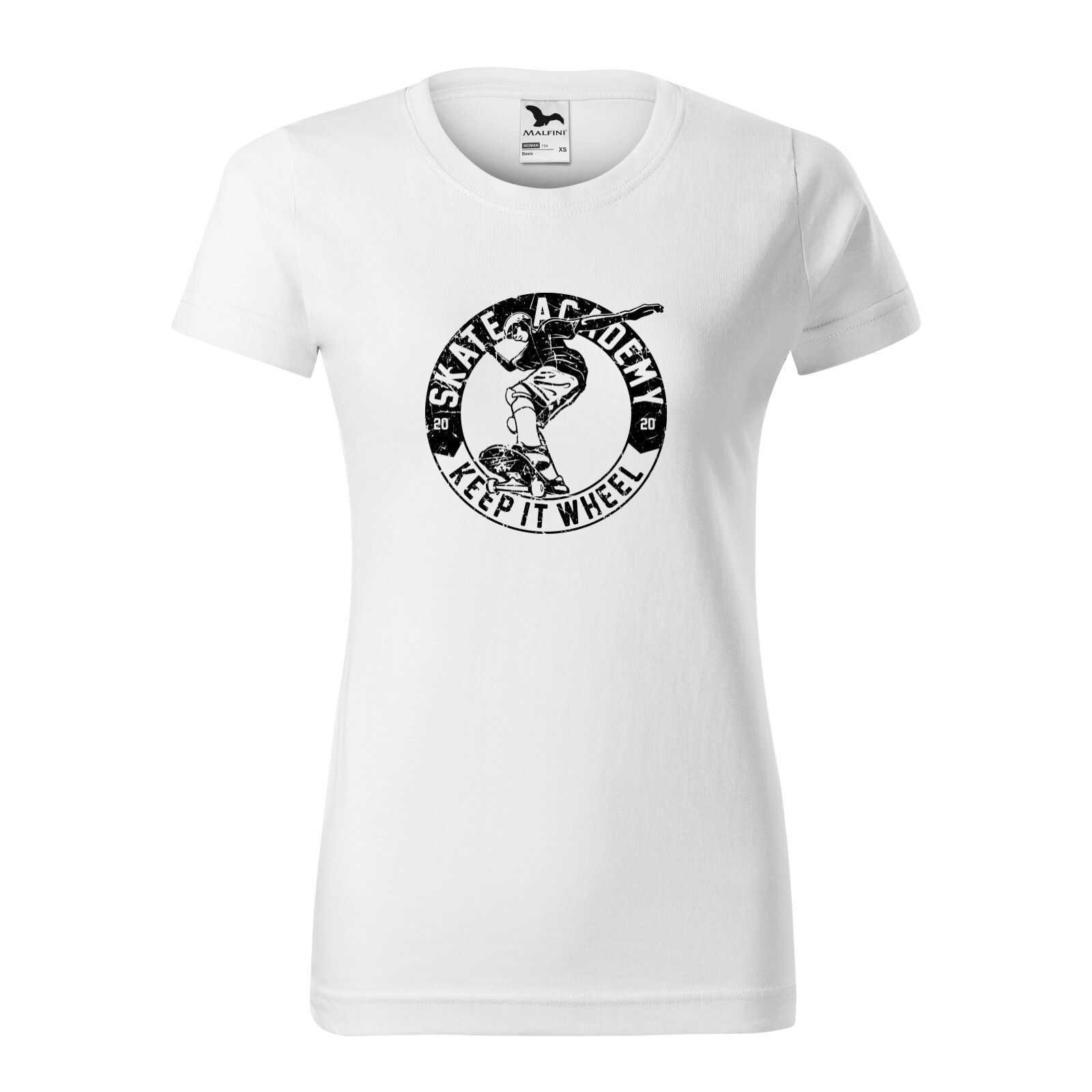 Tricou clasic, la baza gatului, alb, pentru dama, idee de cadou pentru pasionatii de skateboard, Keep it Wheel Academy, marime L