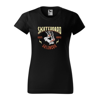 Tricou clasic, la baza gatului, negru, pentru dama, idee de cadou pentru pasionatii de skateboard, Skateboarding Keeps People Balancing, marime L