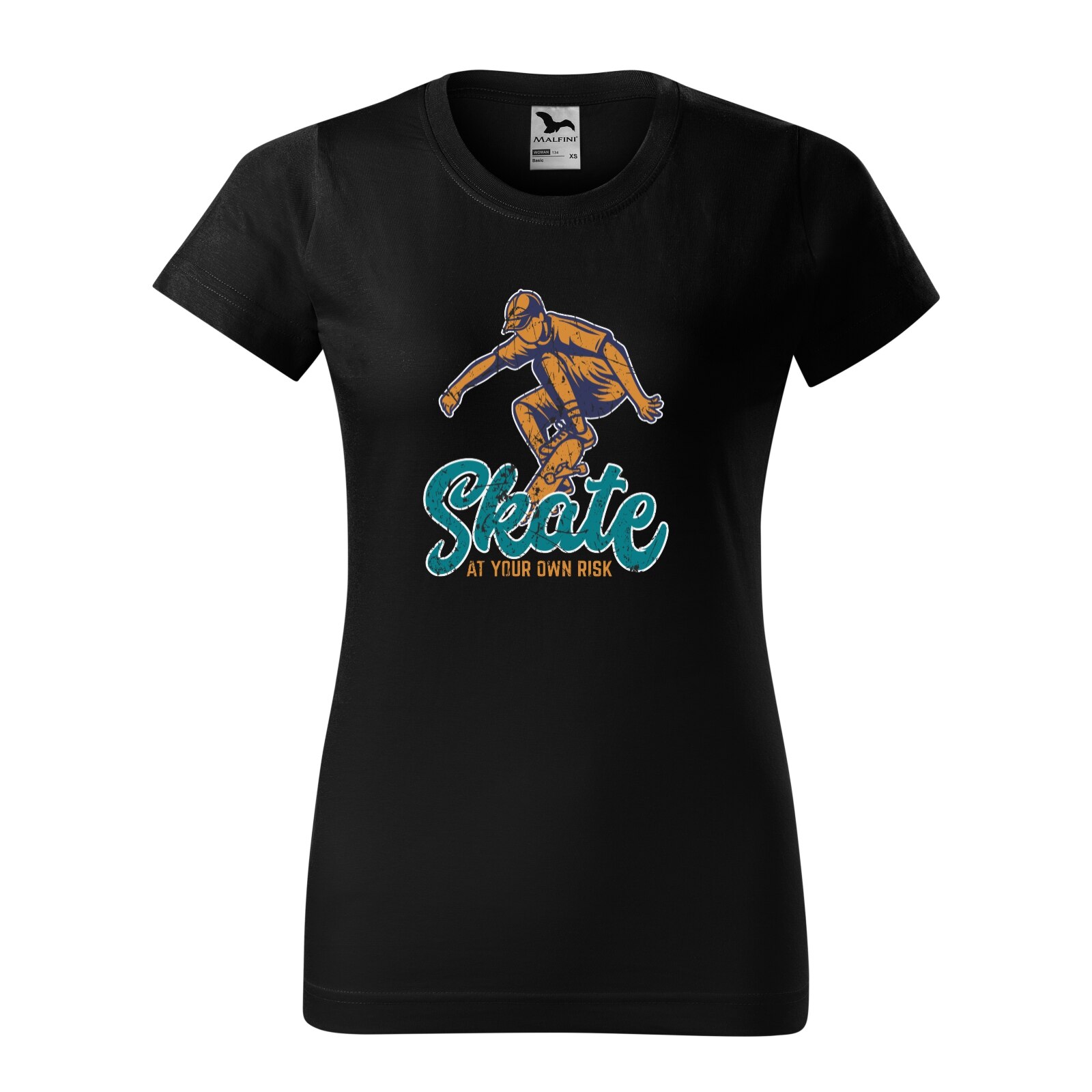 Tricou clasic, la baza gatului, negru, pentru dama, idee de cadou pentru pasionatii de skateboard, Skate Oldschool At Your Own Risk, marime XL