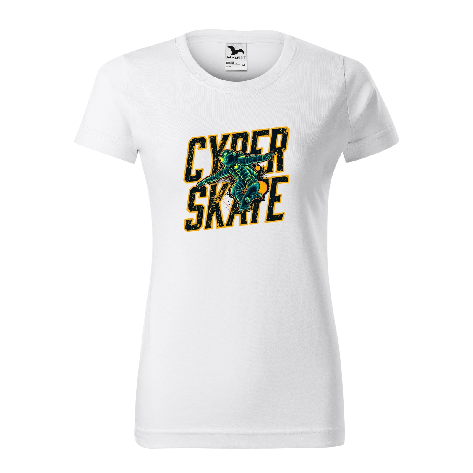 Tricou clasic, la baza gatului, alb, pentru dama, idee de cadou pentru pasionatii de skateboard, CyberSkate in the Sky, marime 2XL