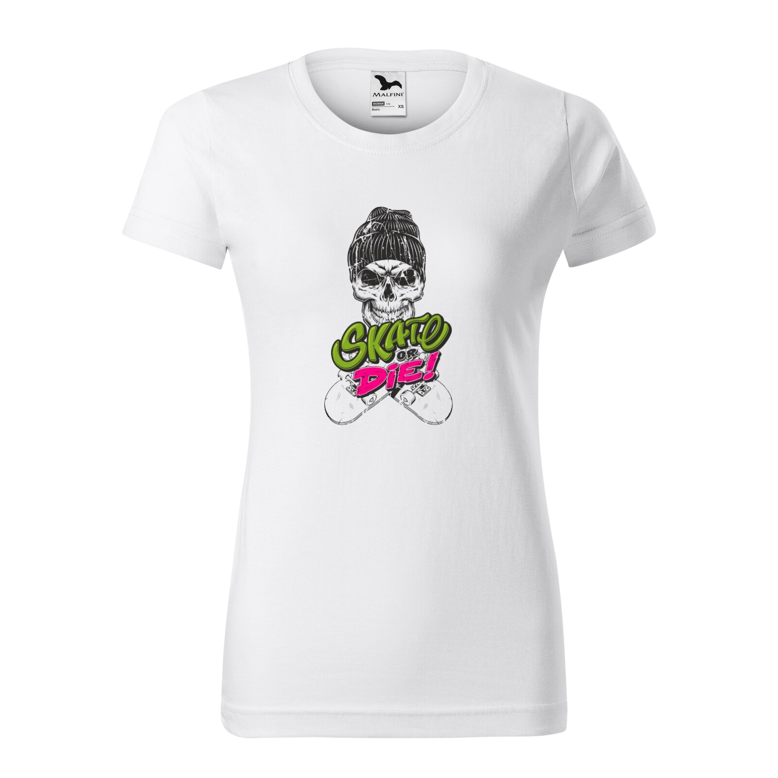Tricou clasic, la baza gatului, alb, pentru dama, idee de cadou pentru pasionatii de skateboard, Skate or Die Cap Skull, marime L
