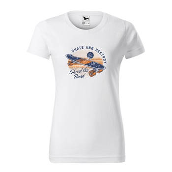 Tricou clasic, la baza gatului, alb, pentru dama, idee de cadou pentru pasionatii de skateboard, Skate and Destroy, marime S Tricou clasic, la baza gatului, alb, pentru dama, idee de cadou pentru pasionatii de skateboard, Skate and Destroy, marime S
