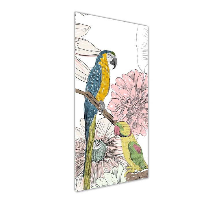 Tablou pe sticla acrilica, Tulup, Imagine imprimata pe sticla acrilica, Decorarea peretilor, Papagalii si flori, 50x125 cm