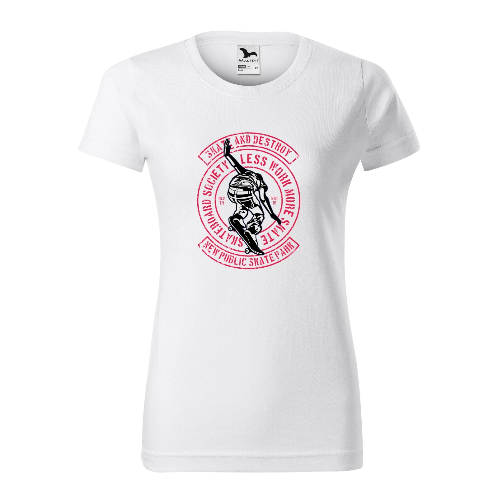 Tricou clasic, la baza gatului, alb, pentru dama, idee de cadou pentru pasionatii de skateboard, Less Work More Skate, marime XL