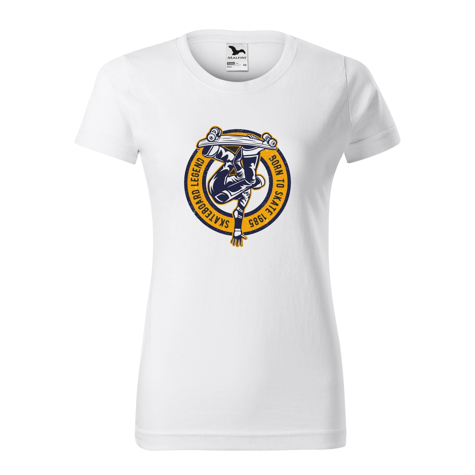 Tricou clasic, la baza gatului, alb, pentru dama, idee de cadou pentru pasionatii de skateboard, Skateboard Legend Born to Skate, marime XL