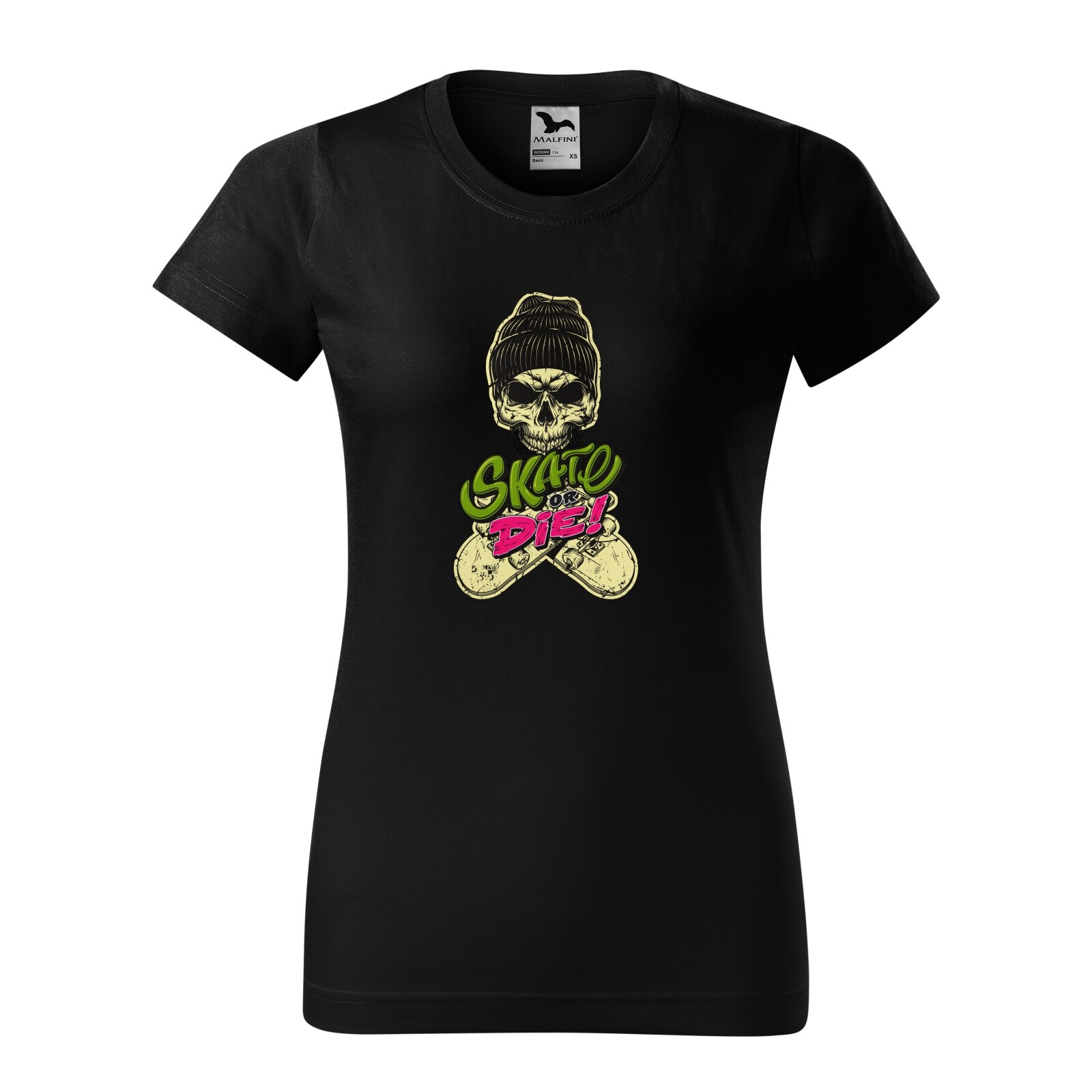 Tricou clasic, la baza gatului, negru, pentru dama, idee de cadou pentru pasionatii de skateboard, Skate or Die Cap Skull, marime XL