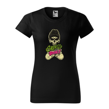 Tricou clasic, la baza gatului, negru, pentru dama, idee de cadou pentru pasionatii de skateboard, Skate or Die Cap Skull, marime XS Tricou clasic, la baza gatului, negru, pentru dama, idee de cadou pentru pasionatii de skateboard, Skate or Die Cap Skull, marime XS