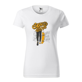 Tricou clasic, la baza gatului, alb, pentru dama, idee de cadou pentru pasionatii de skateboard, Skateboard is a Lifestyle, marime XL