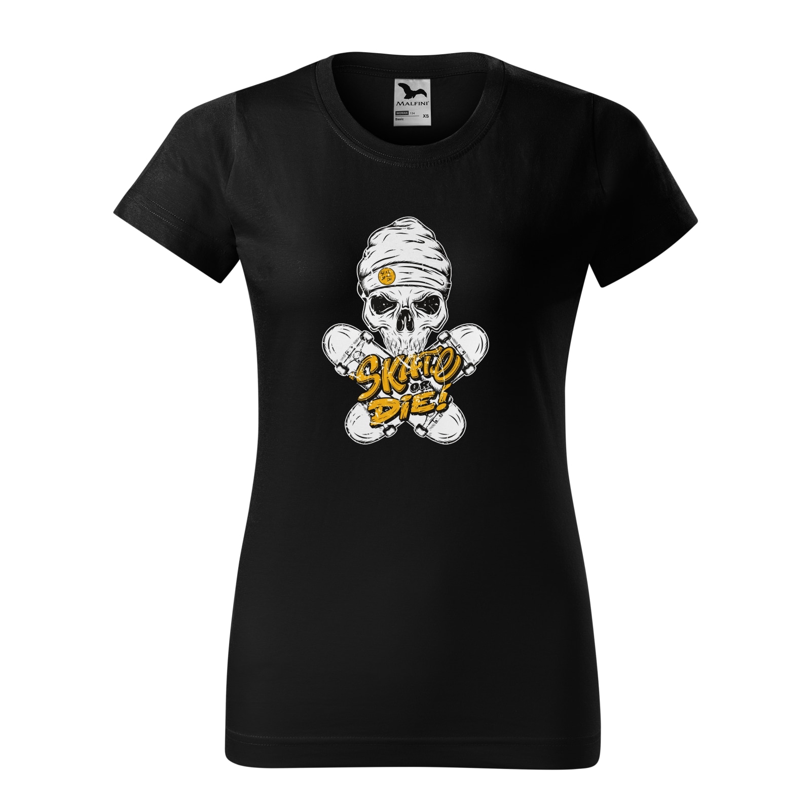 Tricou clasic, la baza gatului, negru, pentru dama, idee de cadou pentru pasionatii de skateboard, Skull Beanie Skate or Die, marime L