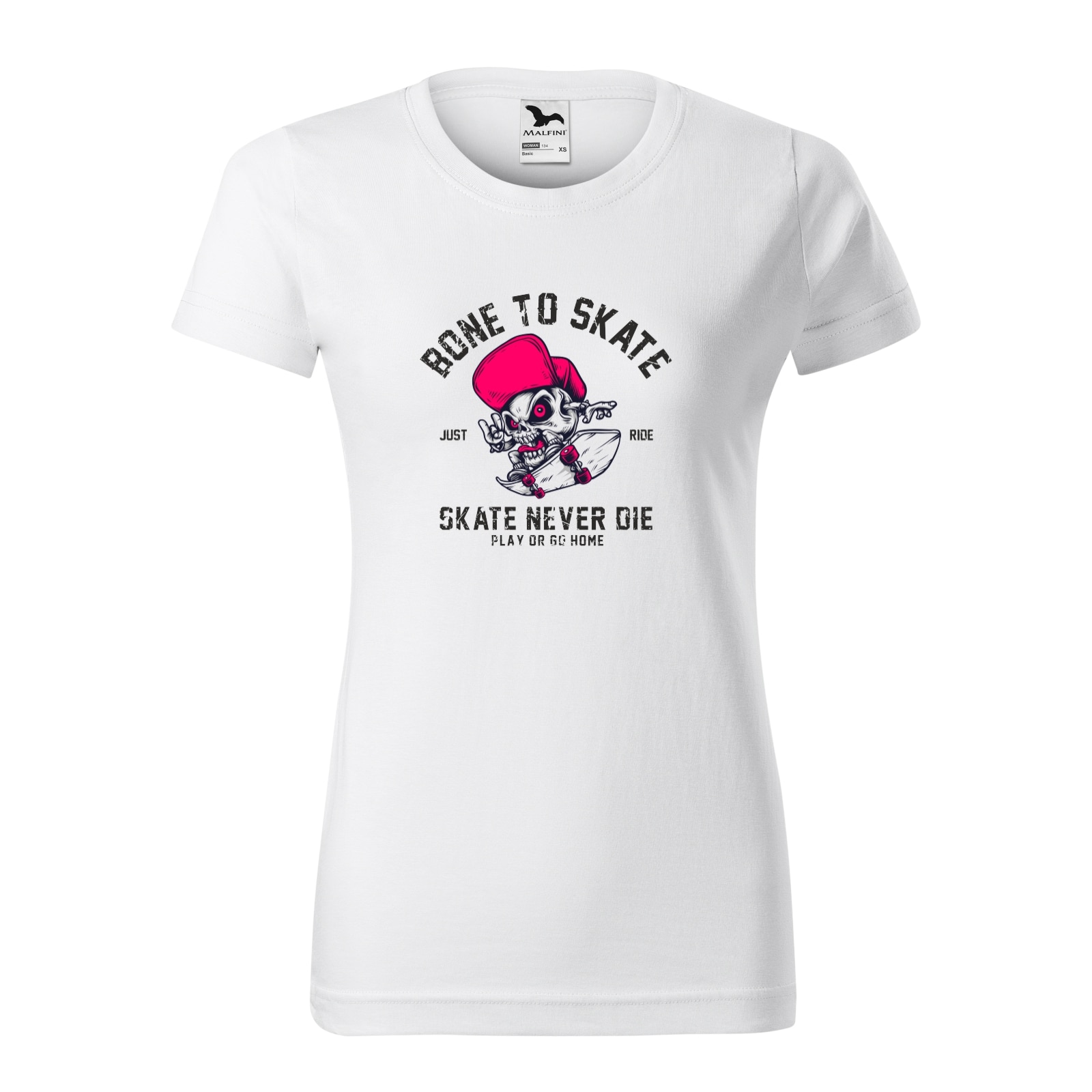 Tricou clasic, la baza gatului, alb, pentru dama, idee de cadou pentru pasionatii de skateboard, Skate Never Die, marime 2XL