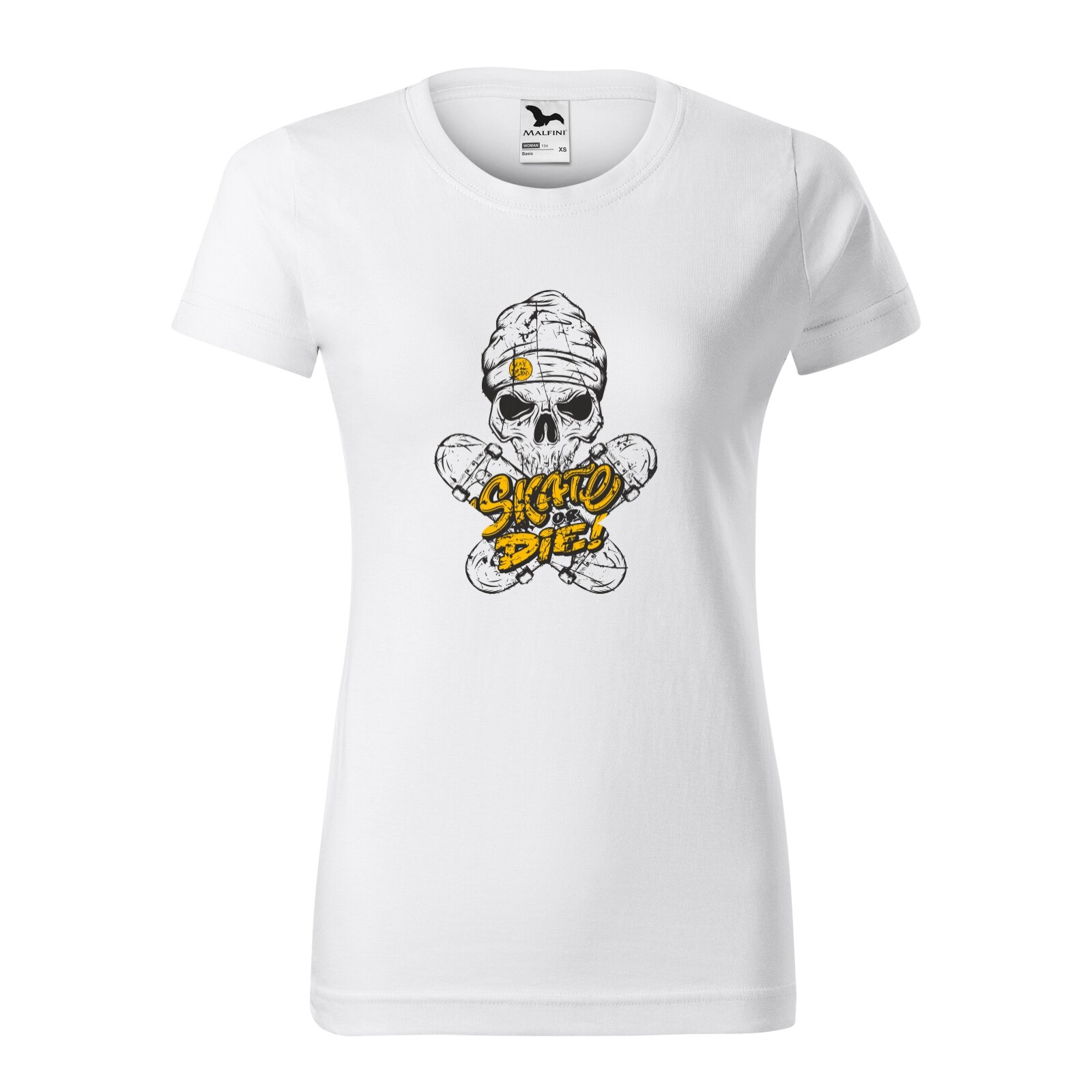 Tricou clasic, la baza gatului, alb, pentru dama, idee de cadou pentru pasionatii de skateboard, Skull Beanie Skate or Die, marime 2XL