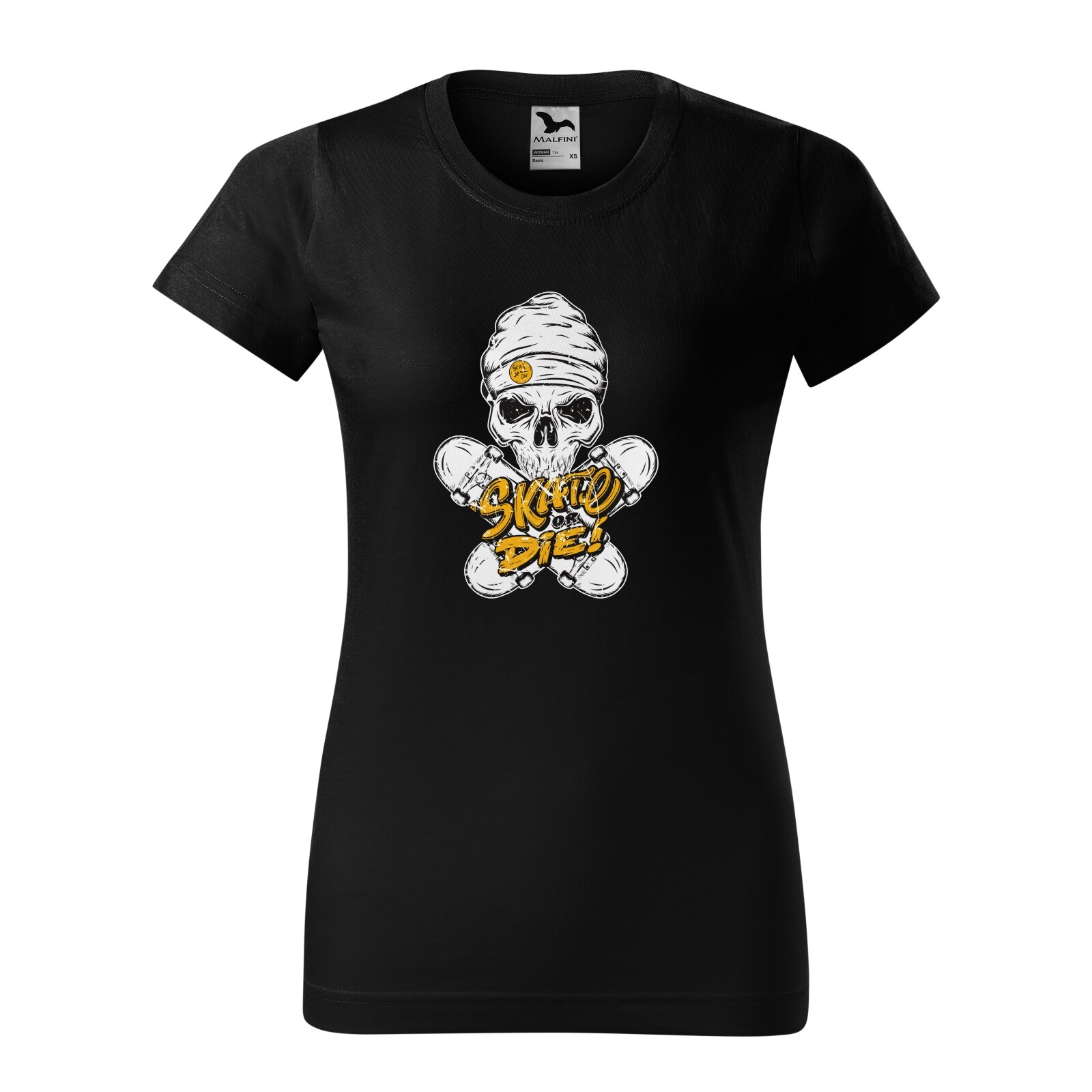 Tricou clasic, la baza gatului, negru, pentru dama, idee de cadou pentru pasionatii de skateboard, Skull Beanie Skate or Die, marime XL