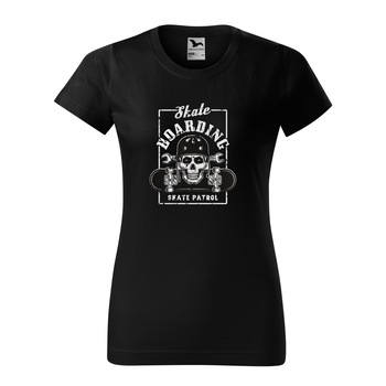 Tricou clasic, la baza gatului, negru, pentru dama, idee de cadou pentru pasionatii de skateboard, Skate Patrol Skull, marime L