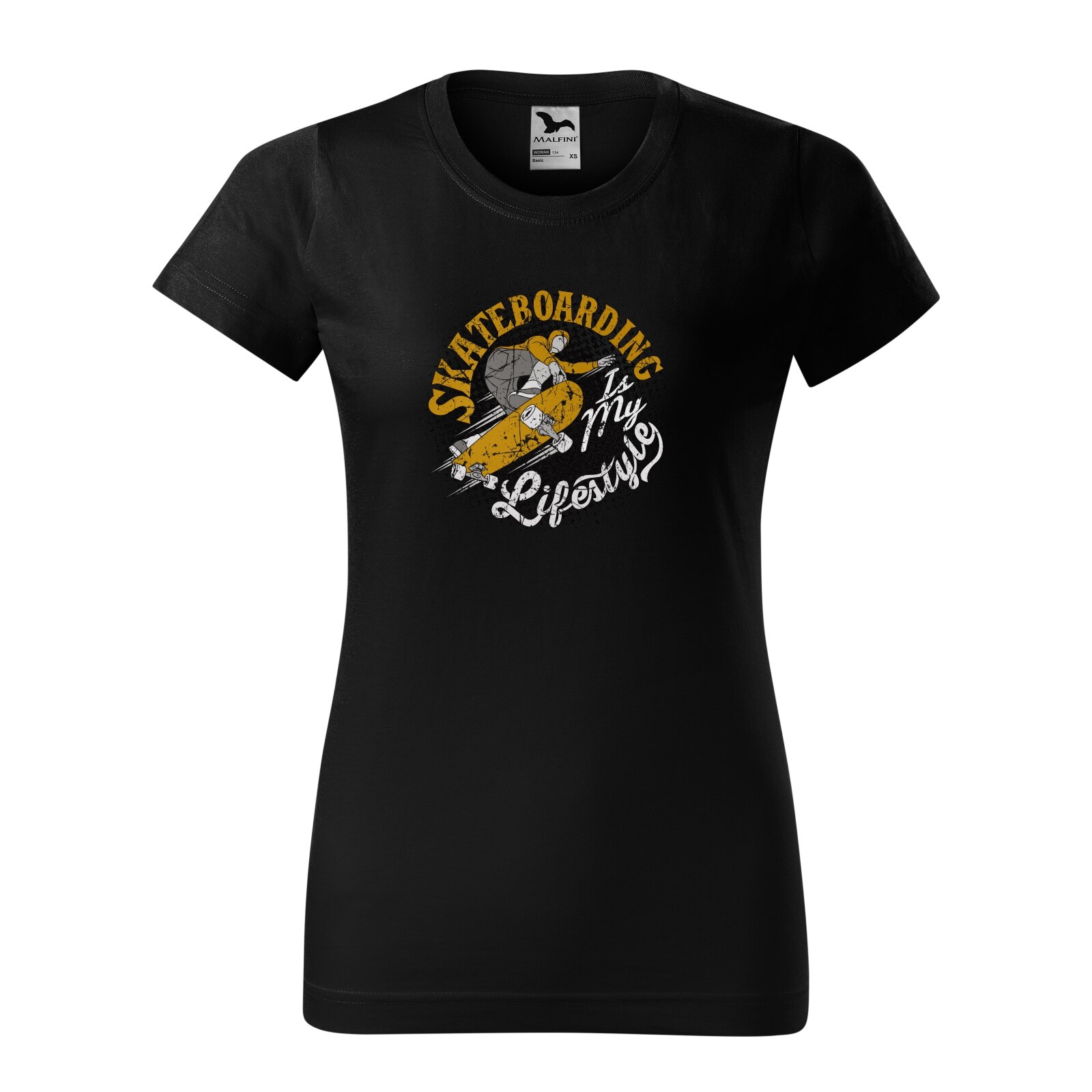Tricou clasic, la baza gatului, negru, pentru dama, idee de cadou pentru pasionatii de skateboard, Skateboarding is My Lifestyle, marime M