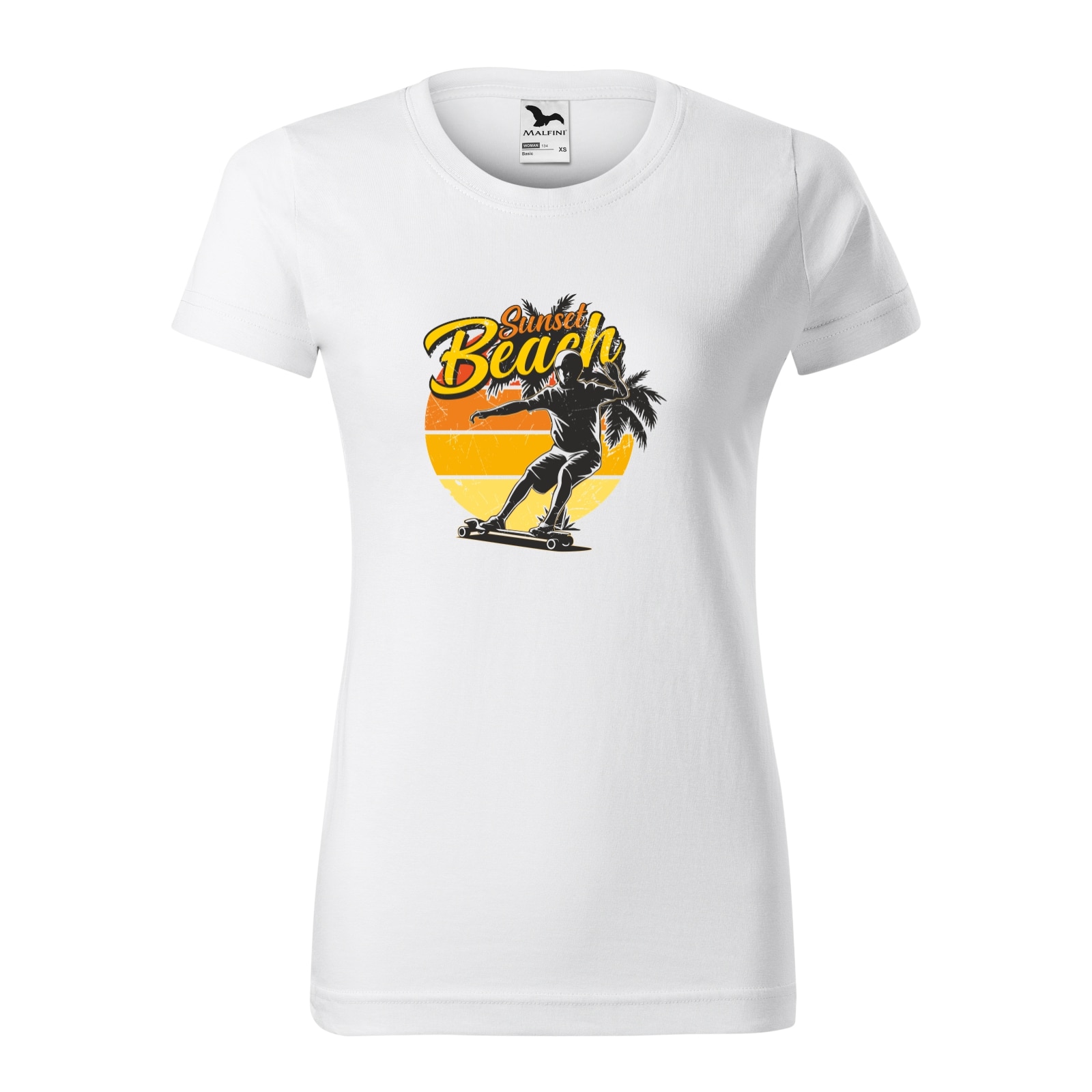 Tricou clasic, la baza gatului, alb, pentru dama, idee de cadou pentru pasionatii de skateboard, Sunset Beach, marime 2XL