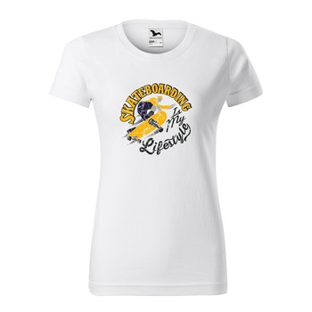 Tricou clasic, la baza gatului, alb, pentru dama, idee de cadou pentru pasionatii de skateboard, Skateboarding is My Lifestyle, marime L Tricou clasic, la baza gatului, alb, pentru dama, idee de cadou pentru pasionatii de skateboard, Skateboarding is My Lifestyle, marime L