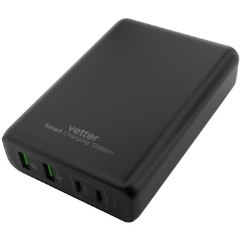 Incarcator Universal Travel Charger Vetter, 2 x PD USB-C up to 100W, 2 x Quick Charge 3.0, Black Incarcator Universal Travel Charger Vetter, 2 x PD USB-C up to 100W, 2 x Quick Charge 3.0, Black