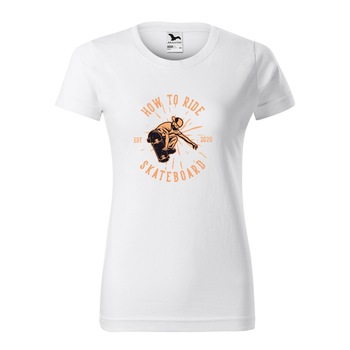 Tricou clasic, la baza gatului, alb, pentru dama, idee de cadou pentru pasionatii de skateboard, How to Ride Skateboard, marime S
