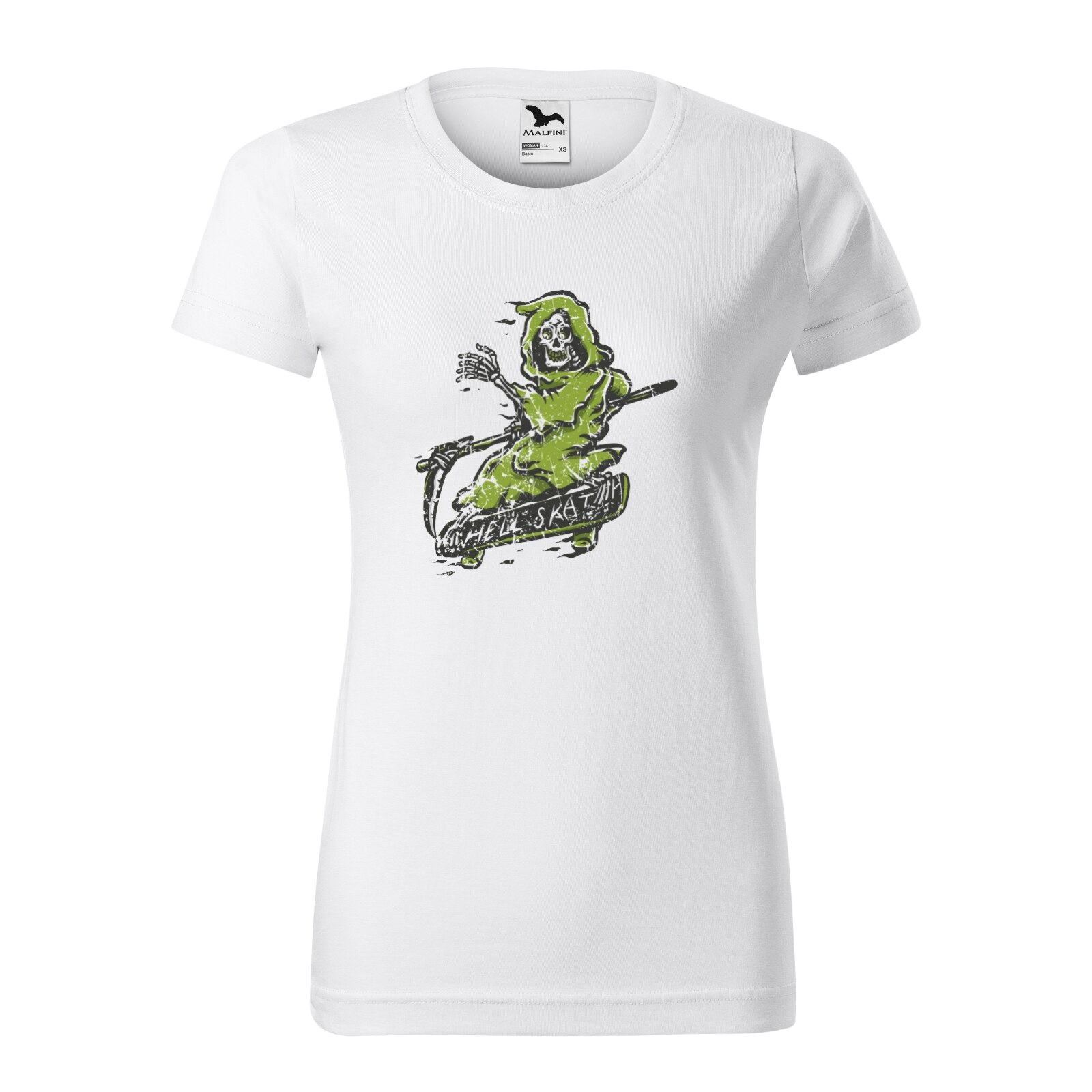Tricou clasic, la baza gatului, alb, pentru dama, idee de cadou pentru pasionatii de skateboard, Death Hell Skate, marime XL