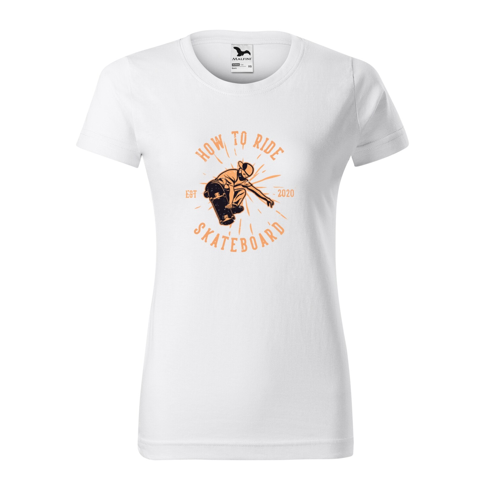 Tricou clasic, la baza gatului, alb, pentru dama, idee de cadou pentru pasionatii de skateboard, How to Ride Skateboard, marime L