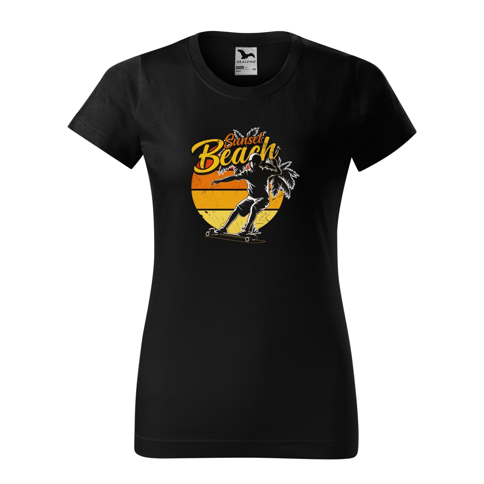 Tricou clasic, la baza gatului, negru, pentru dama, idee de cadou pentru pasionatii de skateboard, Sunset Beach, marime 2XL