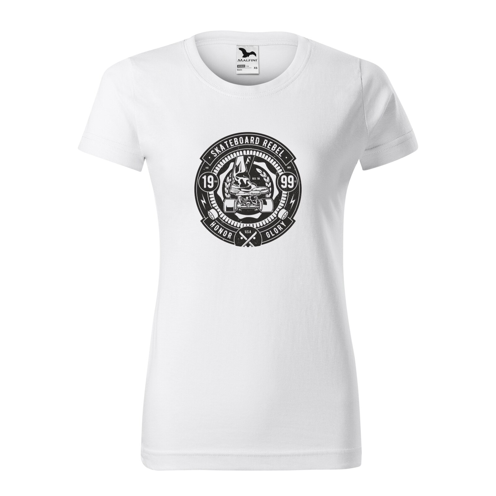Tricou clasic, la baza gatului, alb, pentru dama, idee de cadou pentru pasionatii de skateboard, Skateboard Rebel, marime S