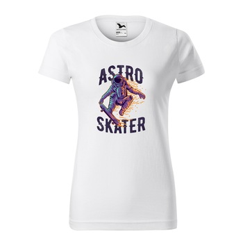 Tricou clasic, la baza gatului, alb, pentru dama, idee de cadou pentru pasionatii de skateboard, AstroSkater in Flames, marime 2XL Tricou clasic, la baza gatului, alb, pentru dama, idee de cadou pentru pasionatii de skateboard, AstroSkater in Flames, marime 2XL