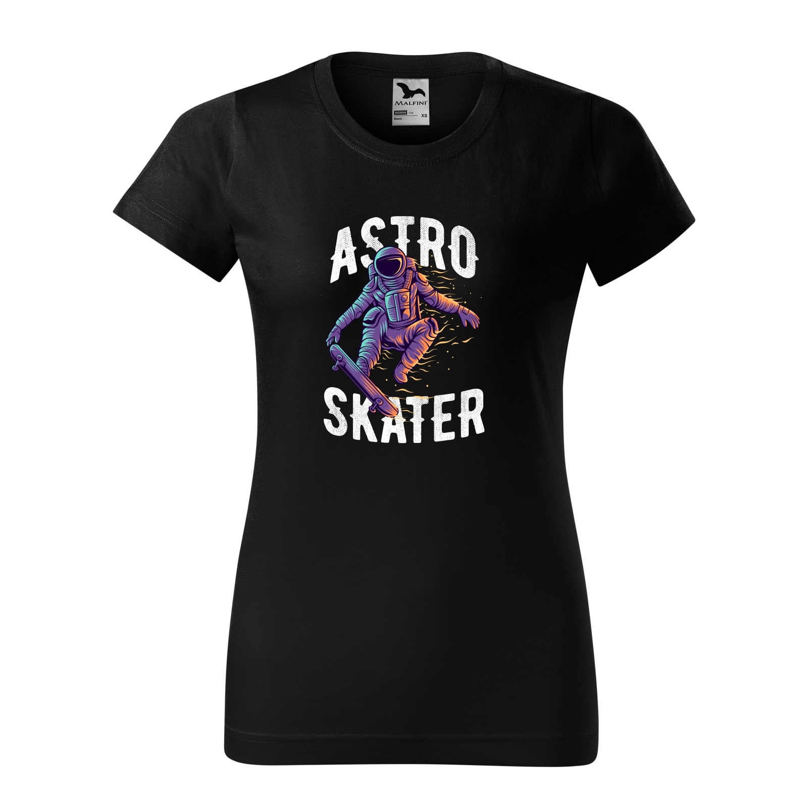 Tricou clasic, la baza gatului, negru, pentru dama, idee de cadou pentru pasionatii de skateboard, AstroSkater in Flames, marime L