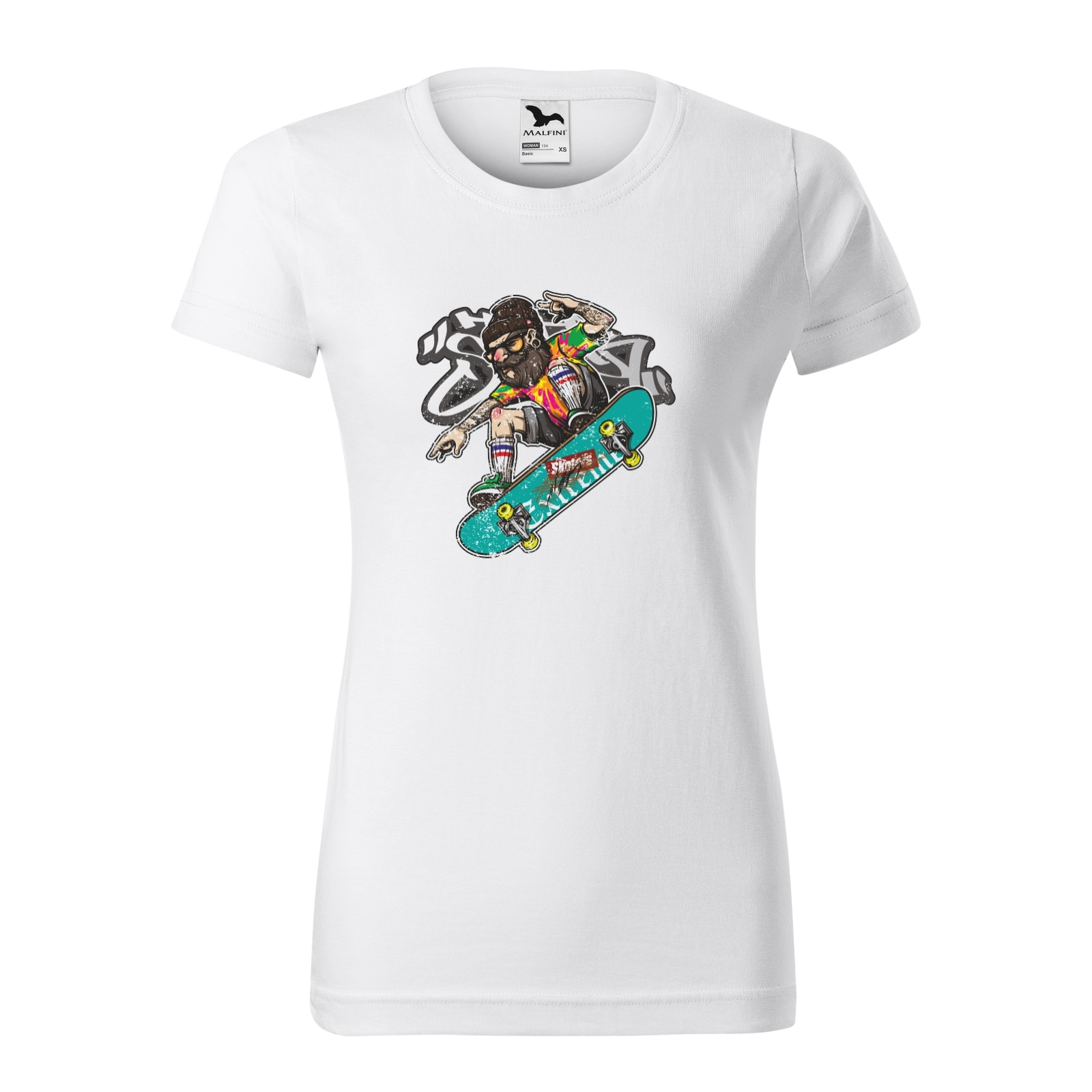 Tricou clasic, la baza gatului, alb, pentru dama, idee de cadou pentru pasionatii de skateboard, Beard and Beannie Skater, marime M