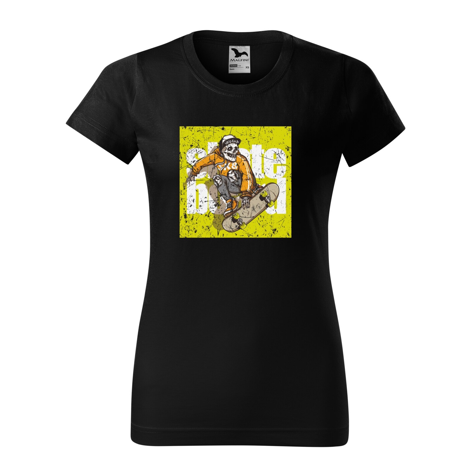 Tricou clasic, la baza gatului, negru, pentru dama, idee de cadou pentru pasionatii de skateboard, Undead Skateboard, marime XS