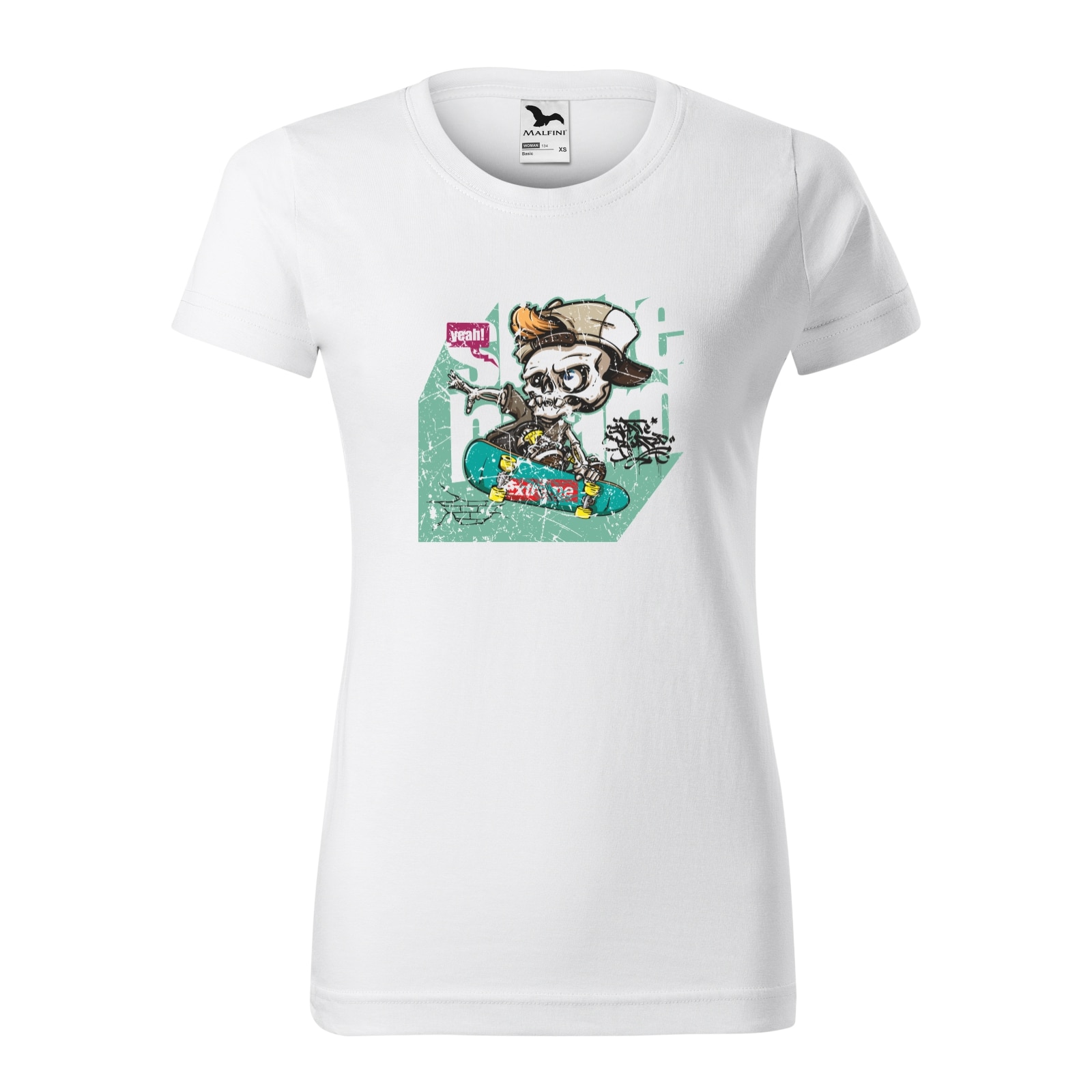 Tricou clasic, la baza gatului, alb, pentru dama, idee de cadou pentru pasionatii de skateboard, Skateboard Freak, marime S