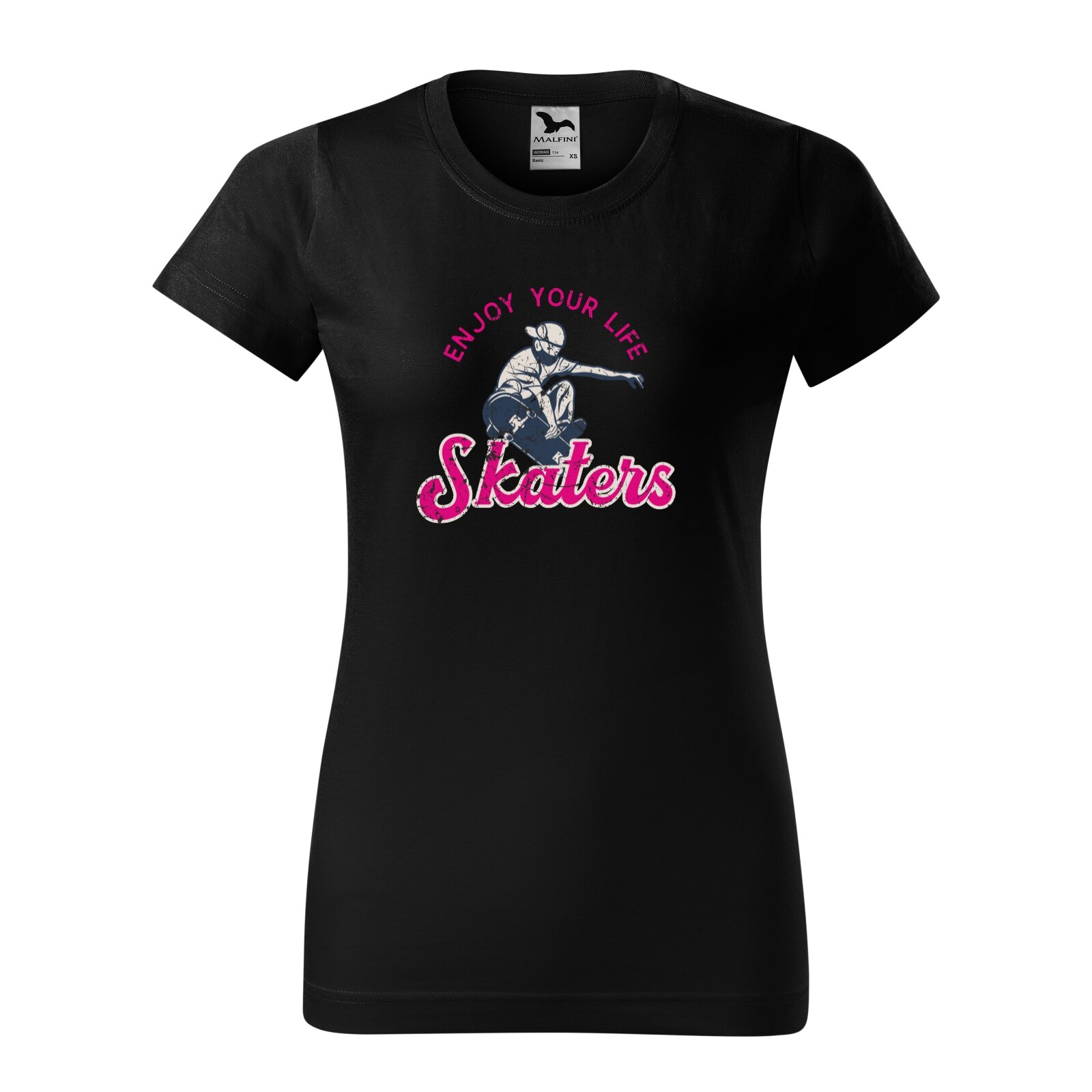 Tricou clasic, la baza gatului, negru, pentru dama, idee de cadou pentru pasionatii de skateboard, Enjoy Your Life With Mask, marime L