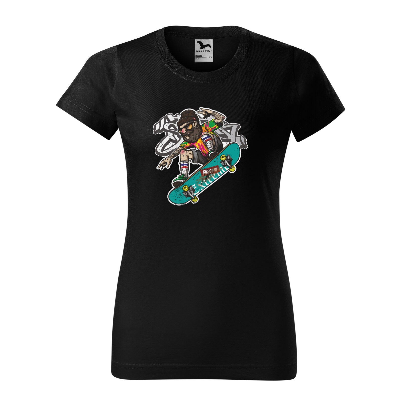 Tricou clasic, la baza gatului, negru, pentru dama, idee de cadou pentru pasionatii de skateboard, Beard and Beannie Skater, marime XL