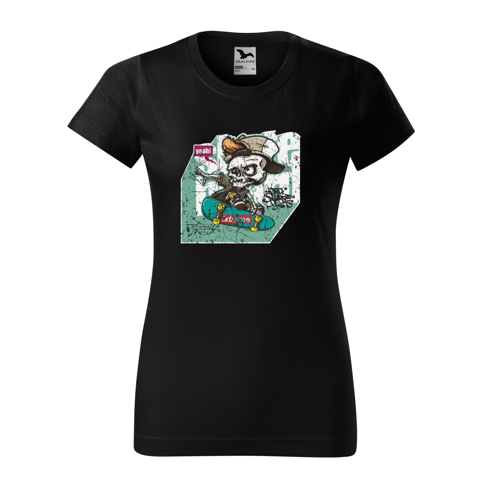 Tricou clasic, la baza gatului, negru, pentru dama, idee de cadou pentru pasionatii de skateboard, Skateboard Freak, marime S