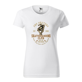 Tricou clasic, la baza gatului, alb, pentru dama, idee de cadou pentru pasionatii de skateboard, Pro Skaters Club, marime S Tricou clasic, la baza gatului, alb, pentru dama, idee de cadou pentru pasionatii de skateboard, Pro Skaters Club, marime S
