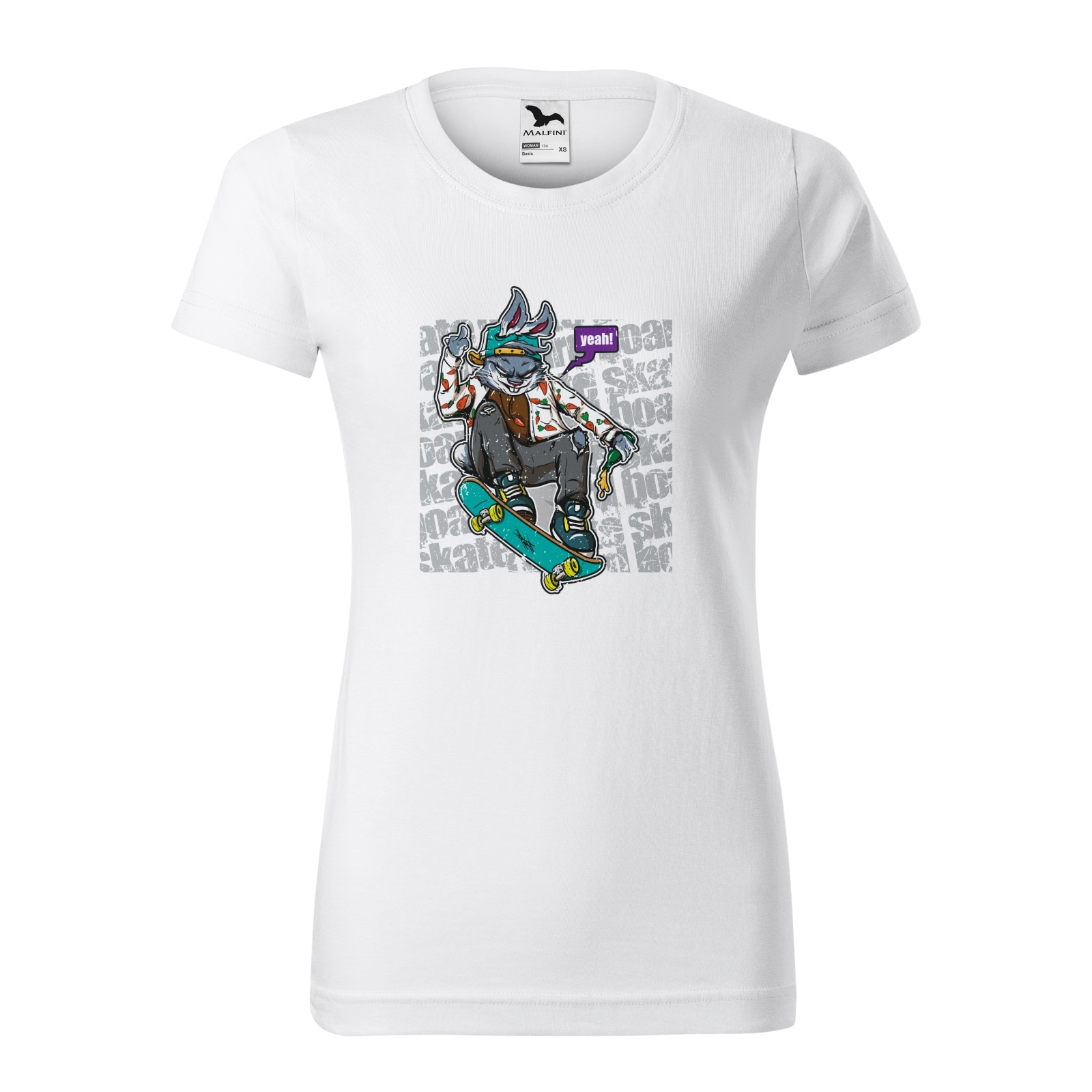 Tricou clasic, la baza gatului, alb, pentru dama, idee de cadou pentru pasionatii de skateboard, Skate Rabbit, marime L