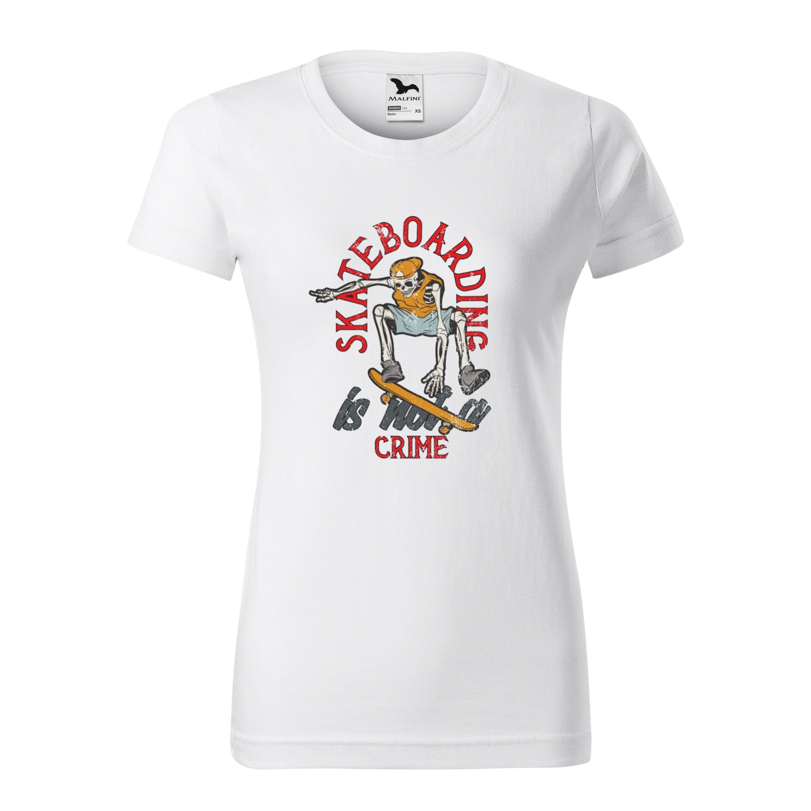 Tricou clasic, la baza gatului, alb, pentru dama, idee de cadou pentru pasionatii de skateboard, Skateboarding is Not a Crime, marime XL