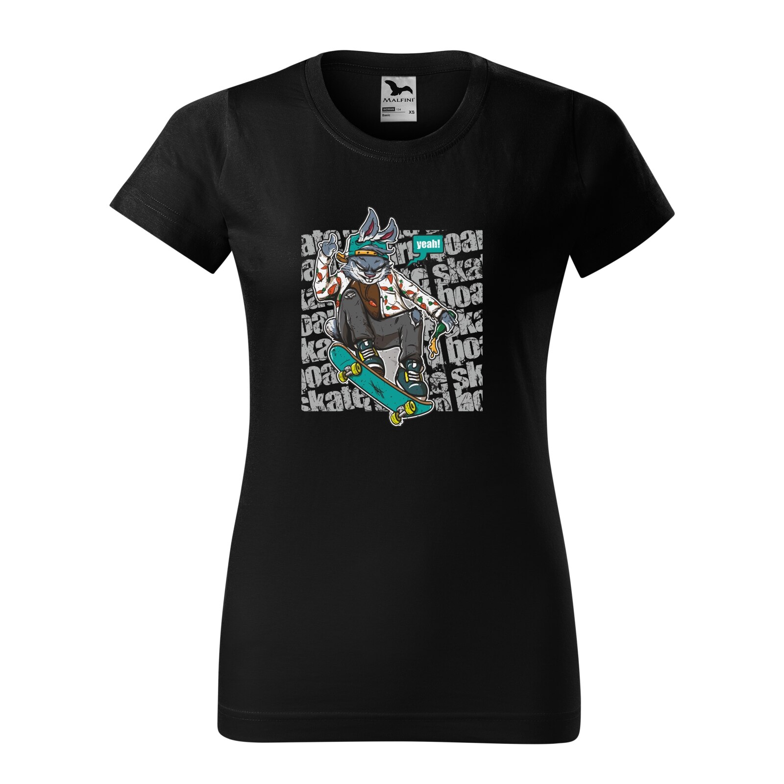 Tricou clasic, la baza gatului, negru, pentru dama, idee de cadou pentru pasionatii de skateboard, Skate Rabbit, marime XS